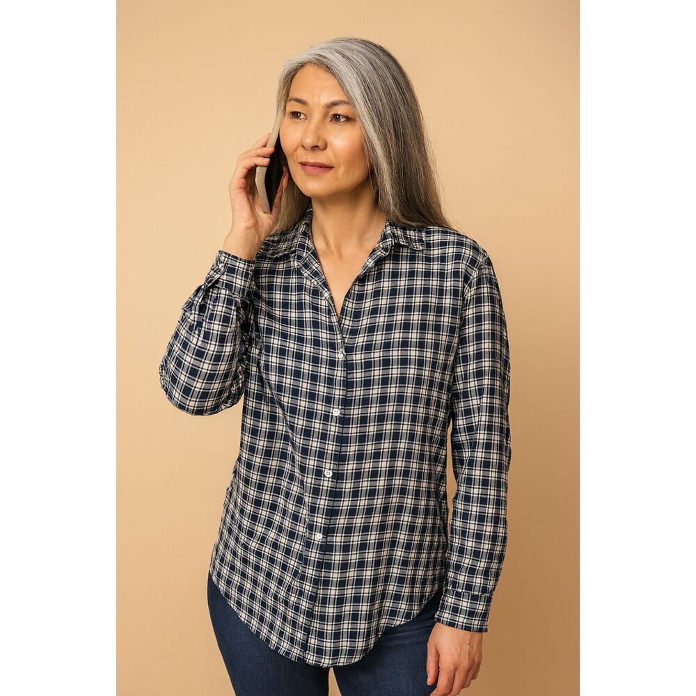 GRAYSON Blue White Plaid Long Sleeve Button Up Shirt Top Women's Size 3 Medium